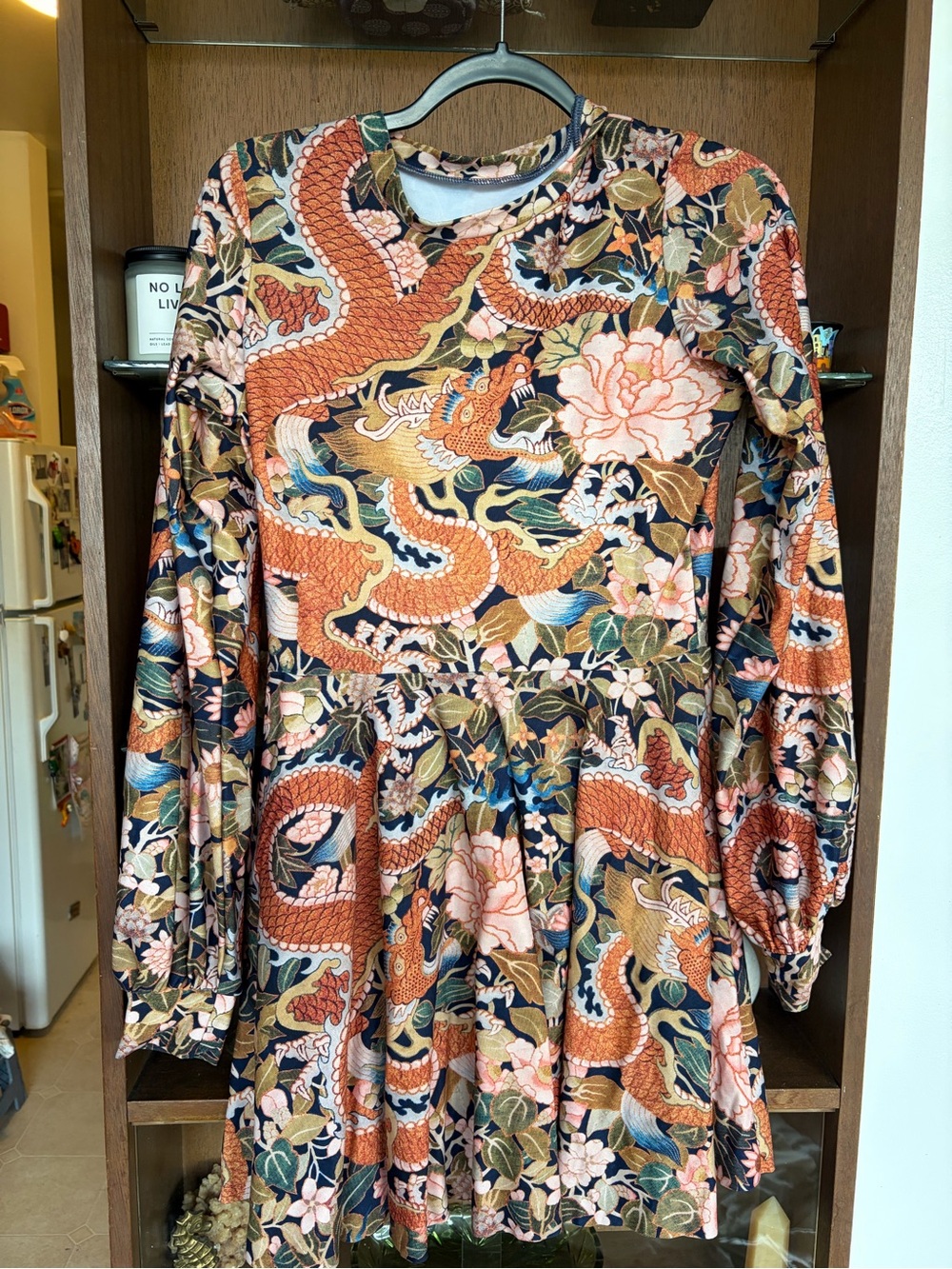 Blackmilk Black Dress with Rust, Pink & Green Dragon Print